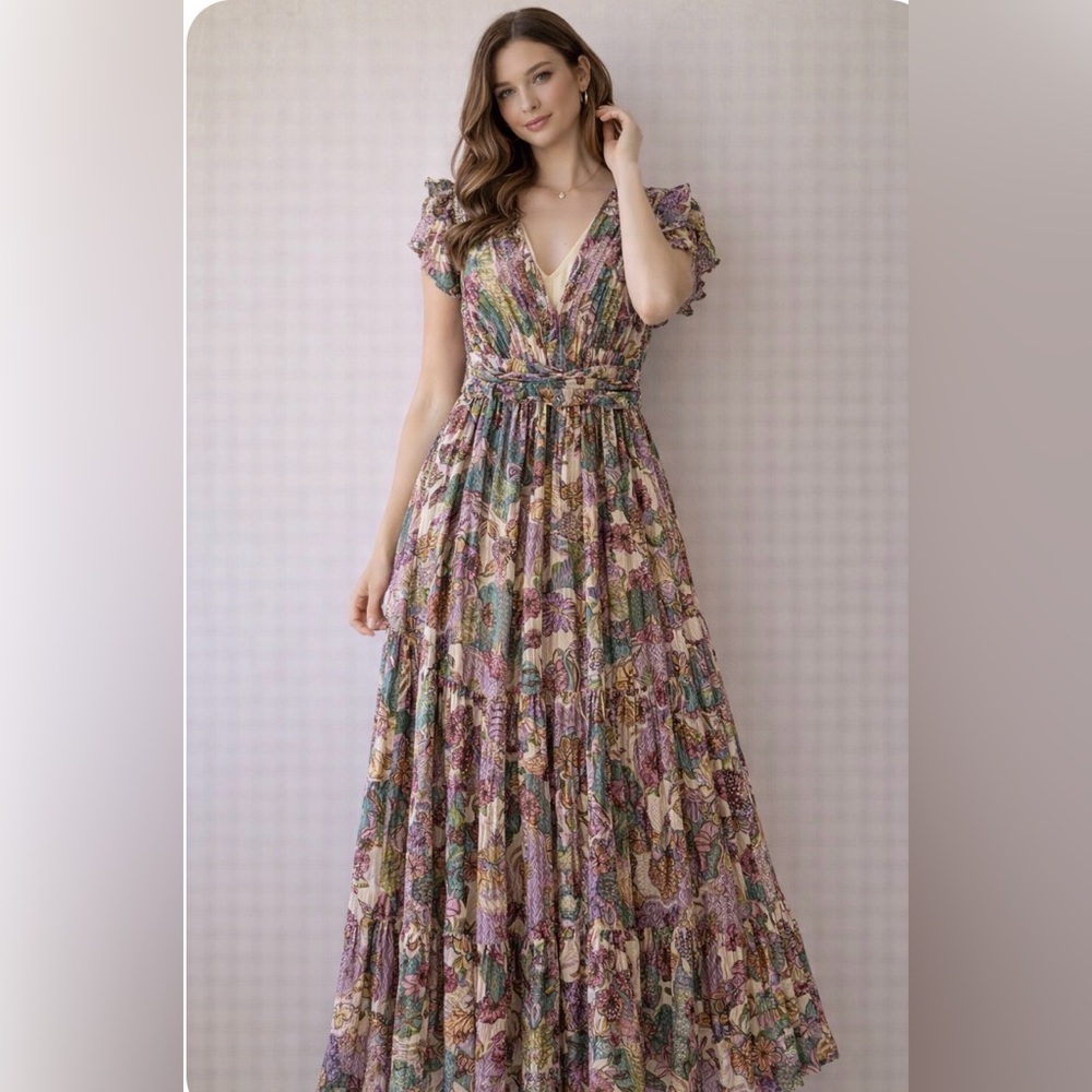 V-Neck Floral Tiered Maxi Dress in Multi-Pastel